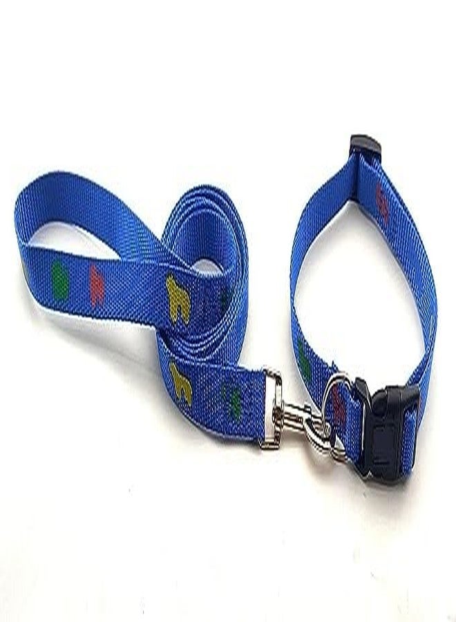 Pups&Pets Nylon Collar Leash Set Printed Adjustable & Durable Collar Leash Set 15 mm for All Small Breed Dog & Puppy 15 MM - Blue - Image 1